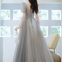 Cute v neck tulle beads long prom dress A line evening dress - Thumbnail 8