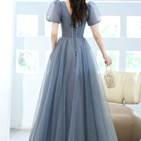 Cute v neck tulle beads long prom dress A line evening dress - Thumbnail 2