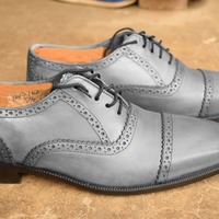 Trendy Men's Hand Stitch Grey Cap Toe Style Leather Shoes, Lace Up Formal Shoes - Thumbnail 1