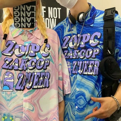  tie-dyed painting color block short sleeve shirt