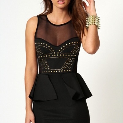 Black studded mesh peplum dress