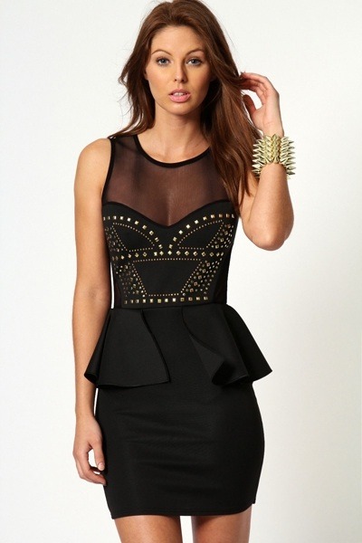 Black studded mesh peplum dress