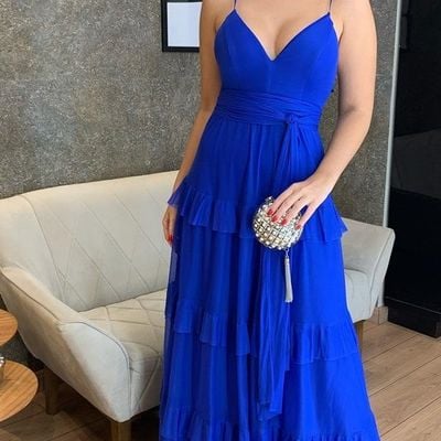 Sp2065,spaghetti straps royal blue chiffon prom evening dresses with ruffles