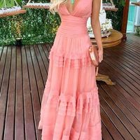 SP2067,Sexy v-neck pink ruffles prom dresses chiffon pleated evening dress - Thumbnail 1