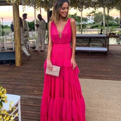 Sp2068,hot pink lace v-neck sleeveless prom dresses 2022 evening dress - Thumbnail 1