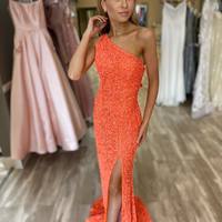 Elegant Mermaid One Shoulder Orange Sequins Long Prom Dresses Side Slit Evening Party Dresses - Thumbnail 1