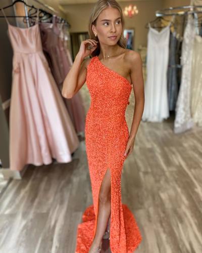Elegant Mermaid One Shoulder Orange Sequins Long Prom Dresses Side Slit Evening Party Dresses