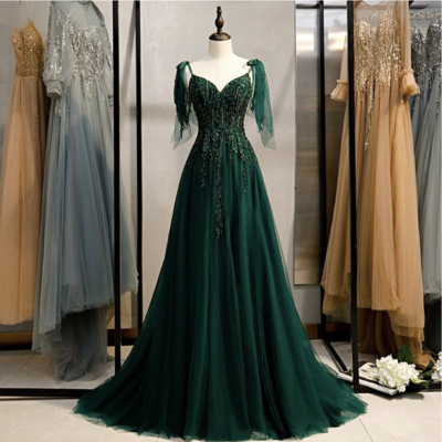 Forest green prom dresses with beading