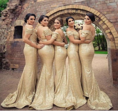 Gold Bridesmaid Dresses Off Shoulder Sequins