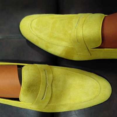 New handmade yellow moccasin loafer on slips shoes, men's suede dress wear shoes