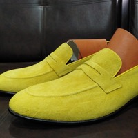 New Handmade Yellow Moccasin Loafer On Slips Shoes, Men's Suede Dress Wear Shoes - Thumbnail 1