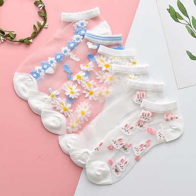 6 pairs set cute student girl rabbit flower transparent see through socks