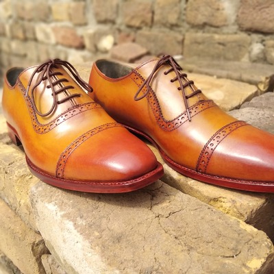 Men's customise oxfords tan brown cap toe leather shoes, handmade lace up shoes - Thumbnail 2