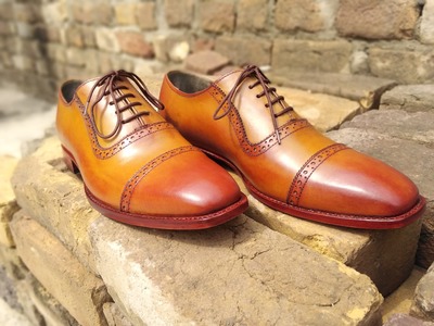 Men's Customise Oxfords Tan Brown Cap Toe Leather Shoes, Handmade Lace Up Shoes