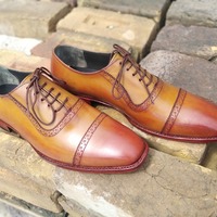 Men's Customise Oxfords Tan Brown Cap Toe Leather Shoes, Handmade Lace Up Shoes - Thumbnail 1