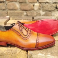 Men's Customise Oxfords Tan Brown Cap Toe Leather Shoes, Handmade Lace Up Shoes - Thumbnail 2