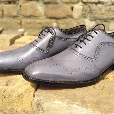 Men's grey leather oxfords touch brogue toe bespoke lace up handmade shoes, dress wear shoes