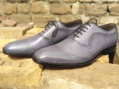 Men's Grey Leather Oxfords Touch Brogue Toe Bespoke Lace Up Handmade Shoes, Dress Wear Shoes