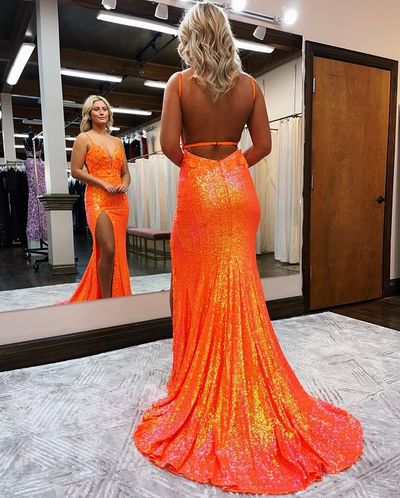 Mermaid V Neck Spaghetti Straps Orange Long Prom Dresses with Slit，802