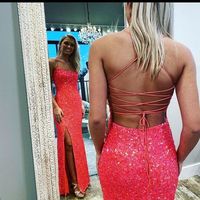 Coral Long Prom Dresses Sequins Mermaid Evening Dresses with Slit,804 - Thumbnail 2