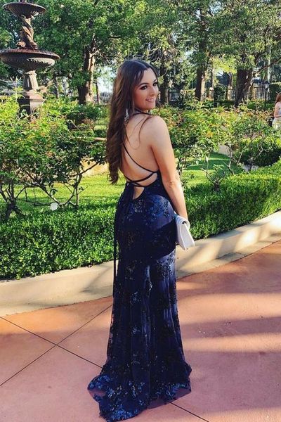 Sparkly Charming Mermaid V Neck Cross Back Navy Blue Sequins Prom Dresses, Evening Party Dresses,806