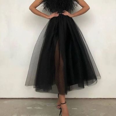 Luxury a line sweetheart ostrich feather neck spaghetti straps black prom dresses, fashion party dresses,807