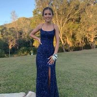 Navy Blue Sequin Long Prom Dresses Mermaid Cross Back Evening Party Dresses,808 - Thumbnail 1