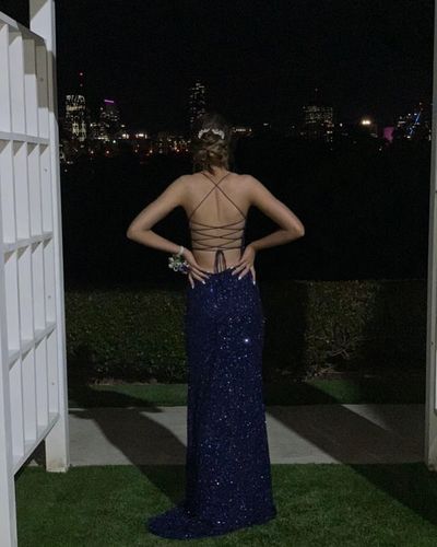 Navy Blue Sequin Long Prom Dresses Mermaid Cross Back Evening Party Dresses,808