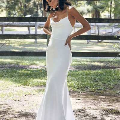 Romantic mermaid cowl neck spaghetti straps white soft satin wedding dresses,423