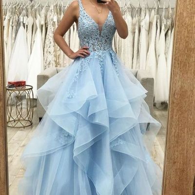 Charming light blue applique prom dresses tulle layers long evening formal gown,1353