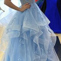 Charming light blue applique prom dresses tulle layers long evening formal gown,1353 - Thumbnail 1