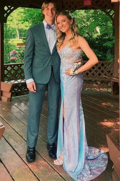 Purple spaghetti straps mermaid long prom dress applique open back evening gown,1354