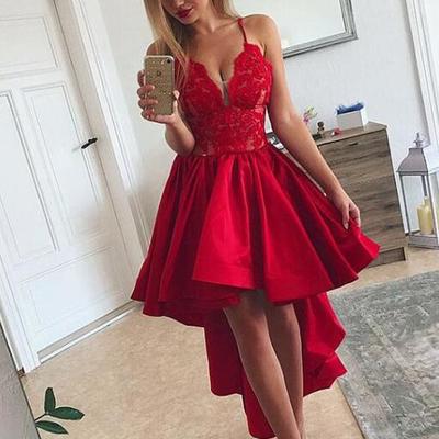 Spaghetti straps asymmetric satin red homecoming dress with lace - Thumbnail 2