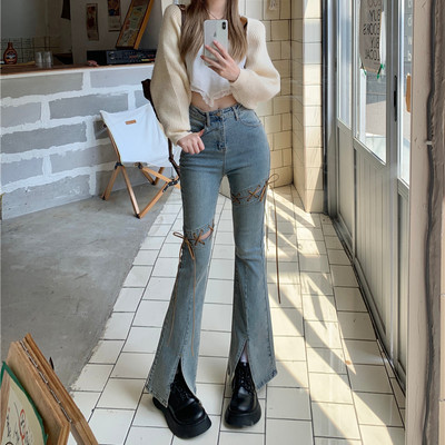 Spring autumn winter high waist brown lace wide leg trouser pants denim jeans - Thumbnail 3