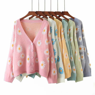 Retro daisy print knitted cardigan