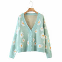 Retro Daisy Print Knitted Cardigan - Thumbnail 2