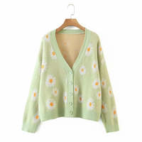 Retro Daisy Print Knitted Cardigan - Thumbnail 1