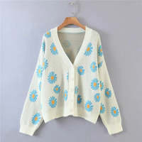 Retro Daisy Print Knitted Cardigan - Thumbnail 3