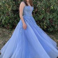 A Line Square Neck Blue Tulle Prom Dress with Lace Appliques - Thumbnail 3