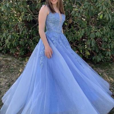 A line square neck blue tulle prom dress with lace appliques - Thumbnail 3