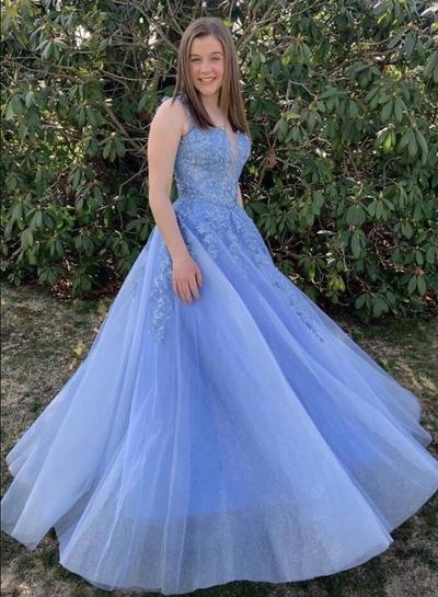 A Line Square Neck Blue Tulle Prom Dress with Lace Appliques