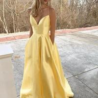 Simple A-line Backless Yellow Stain Prom Dress - Thumbnail 1