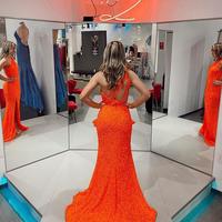 Sexy Mermaid Orange Sequins Prom Evening Dress with Slit - Thumbnail 1