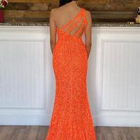 Charming One Shoulder Orange Sequins Long Prom Dresses with Slit - Thumbnail 2