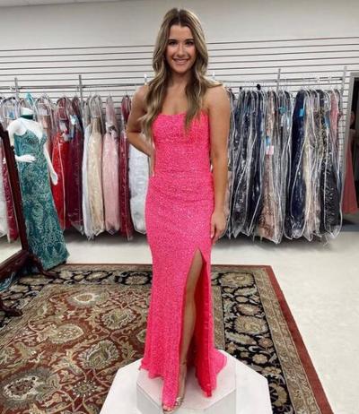 Mermaid Hot Pink Sequins Long Prom Dress with Split