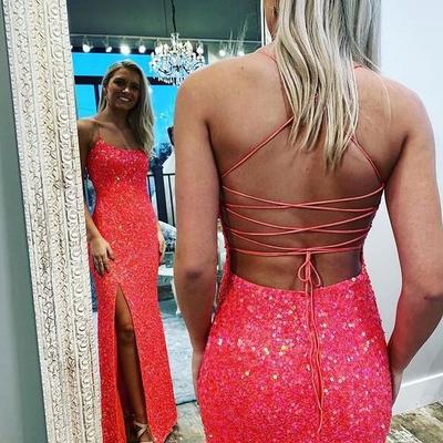 Floor length sequins evening dresses with slit - Thumbnail 1