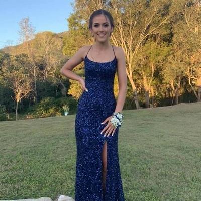 Mermaid cross back navy blue sequin long prom dresses  - Thumbnail 2