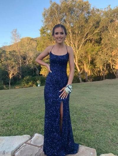 Mermaid Cross Back Navy Blue Sequin Long Prom Dresses 