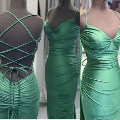 Sheath green prom dresses criss cross back