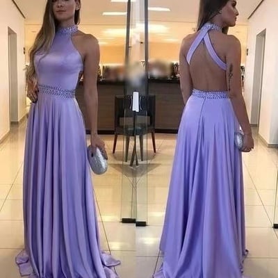 High neck lavender prom dresses with beads